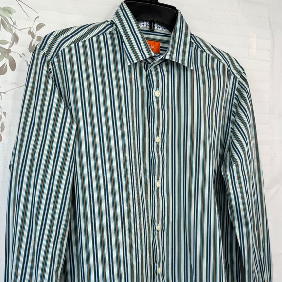 Tallia Mens Green Blue Striped Collard Button Up Dress Up Shirt Medium M 15 1/2 - Picture 2 of 12